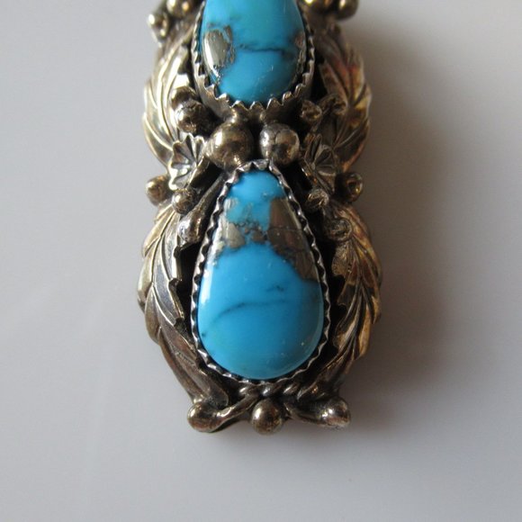 Vintage Native American Turquoise Pendant Sterling Silver Iron Pyrite Matrix - Picture 5 of 9